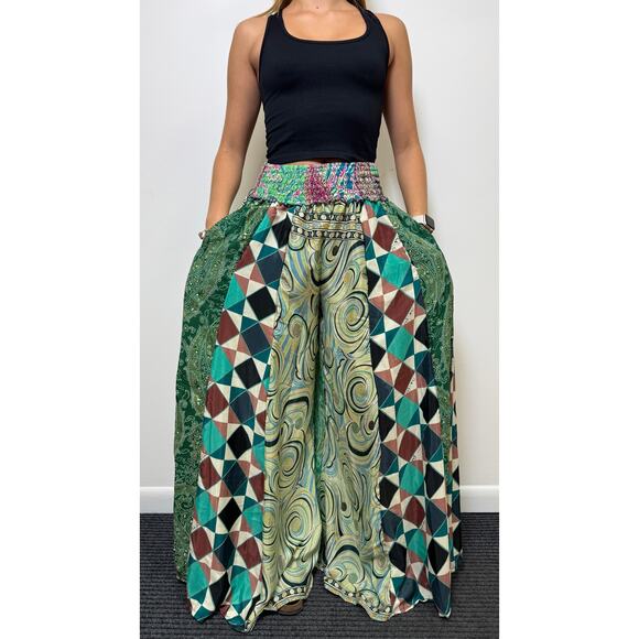 Mixed-print wide-leg trousers- One Size 100% Silk - Picture 1 of 5